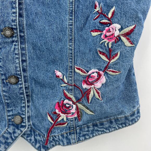 Bill Blass (L) VINTAGE Y2K Blue Denim Pink Floral Embroidered Vest Jean Jacket - Picture 6 of 10
